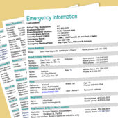 Emergency Information list pages fanned out on yellow background