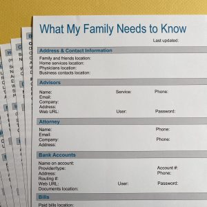 What My Family Needs to Know personal record keeper fanned out on yellow background